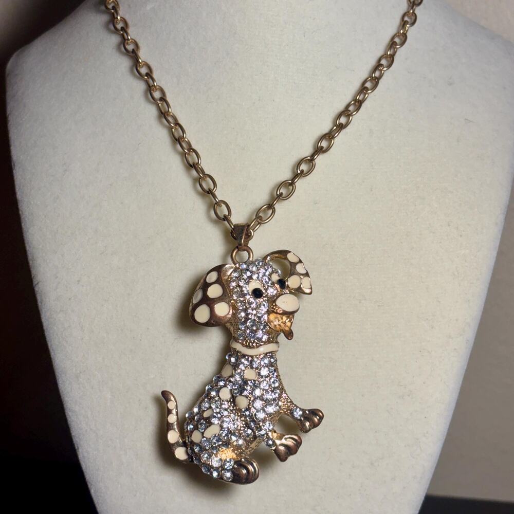 Rhinestone Puppy Dog Pendant Necklace: Gold Tone Dalmatian Style Dog Lover